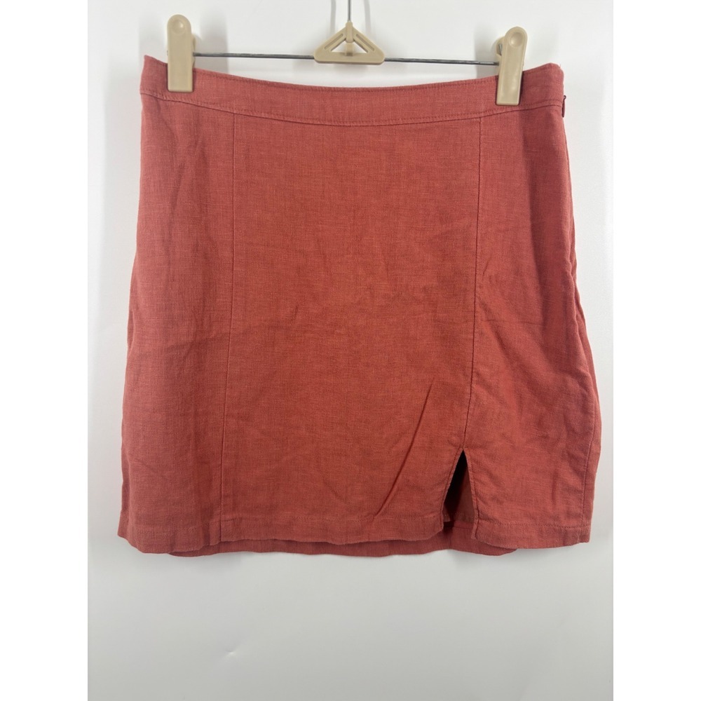 Abercrombie & Fitch Terracotta Rust Linen Blend Mini Skirt Slit Elastic Waist S